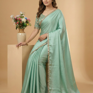 Mint Green Satin Silk Designer Saree