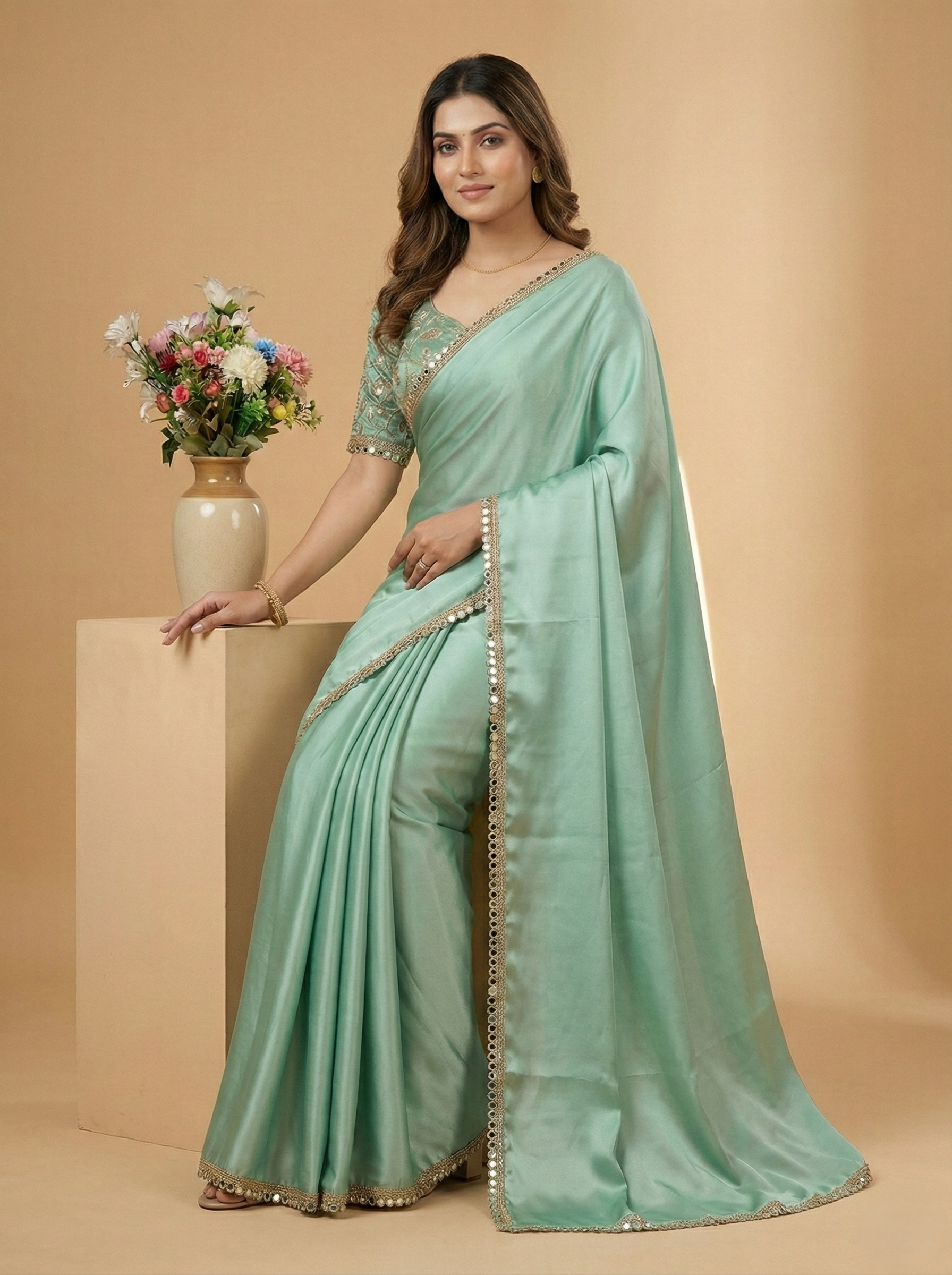 Mint Green Satin Silk Designer Saree