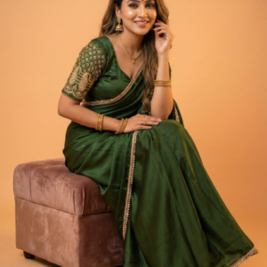 Emerald Green Satin Silk Designer Saree