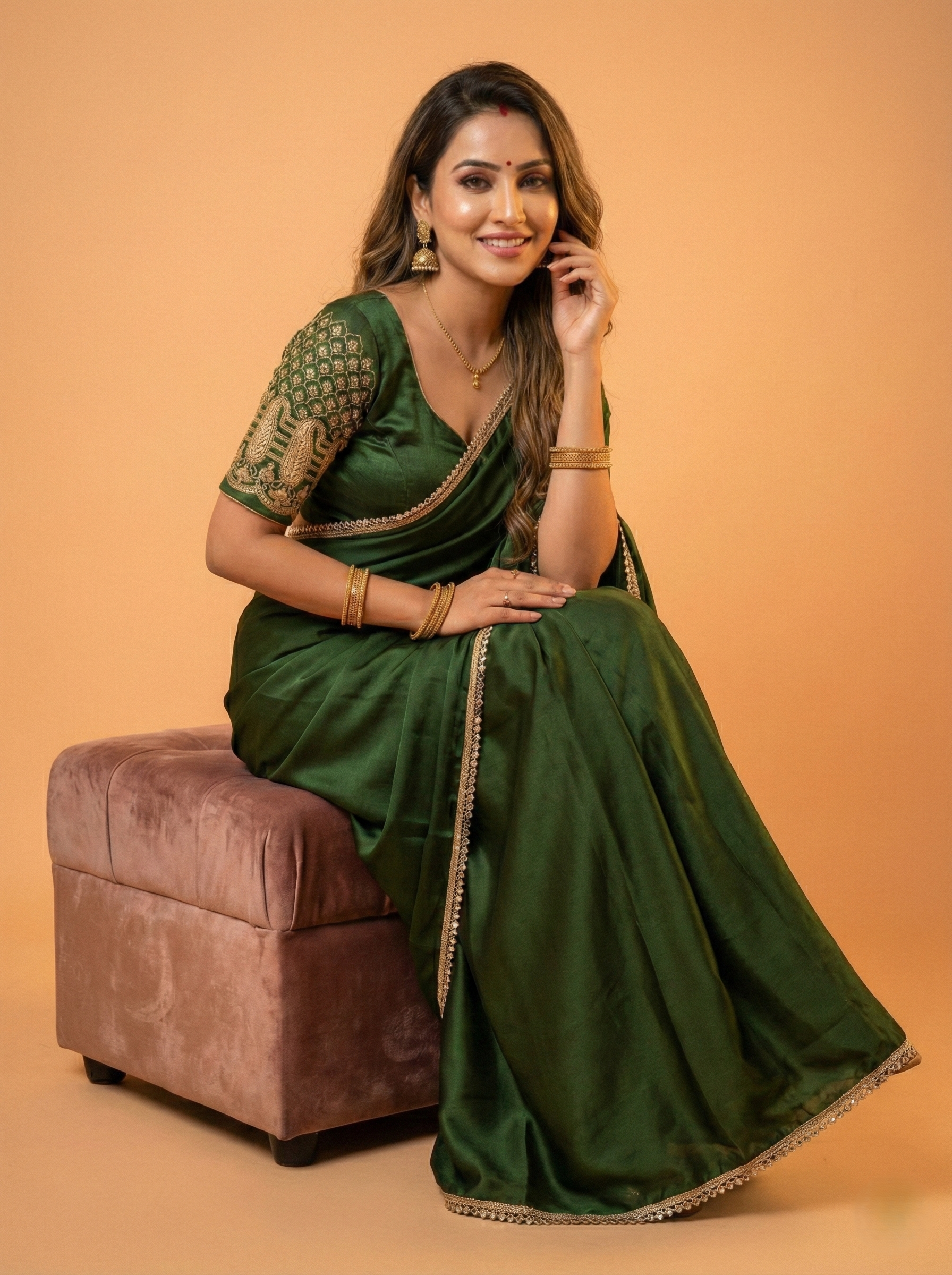 Emerald Green Satin Silk Designer Saree