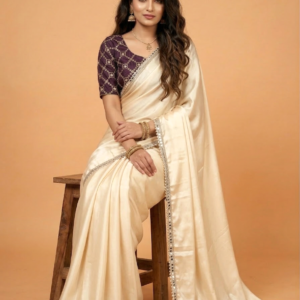 Elegant Solid Cream Satin Saree
