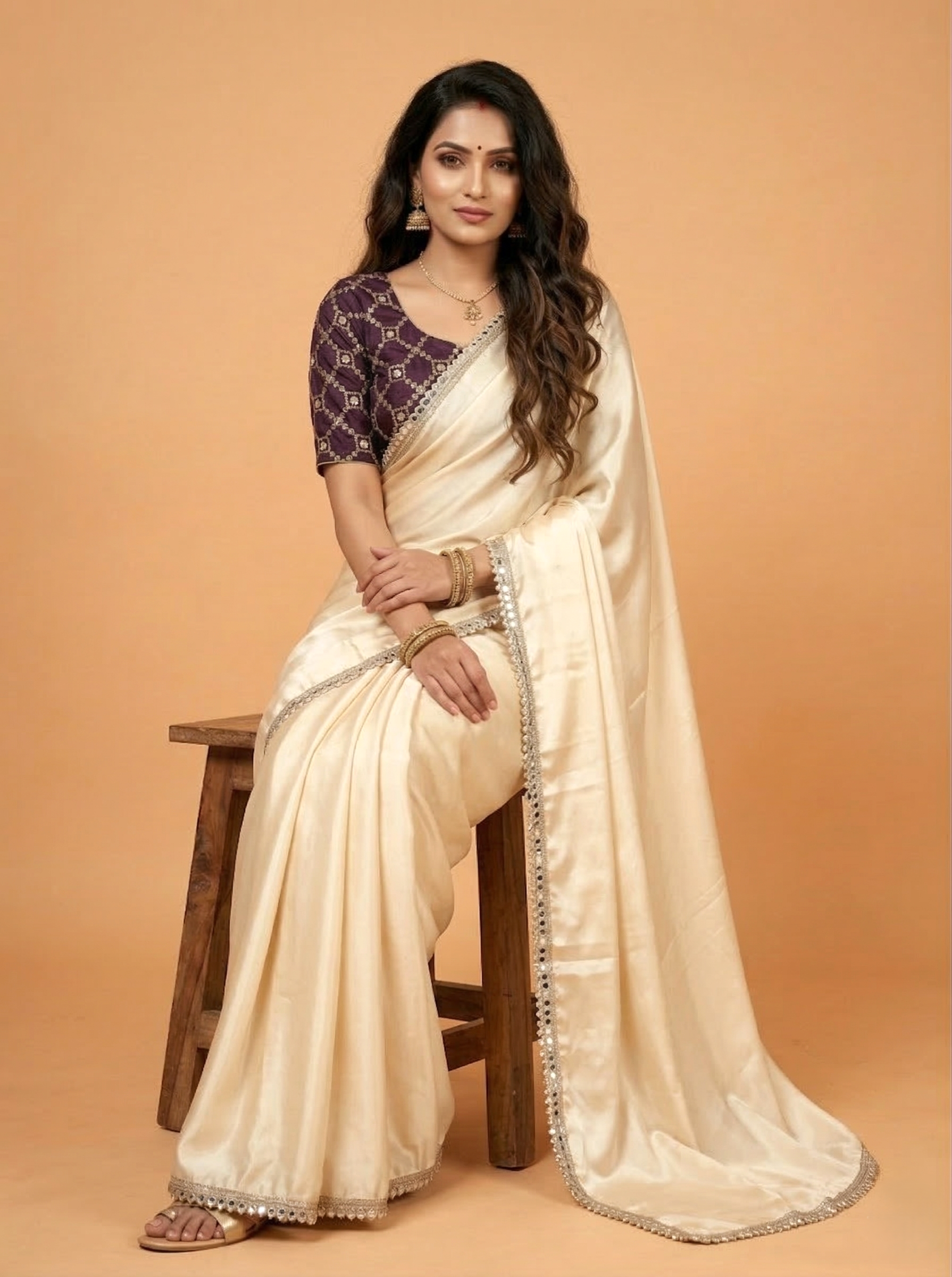 Elegant Solid Cream Satin Saree