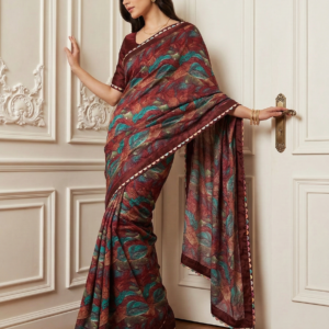 Maroon Teal Fusion Printed Saree