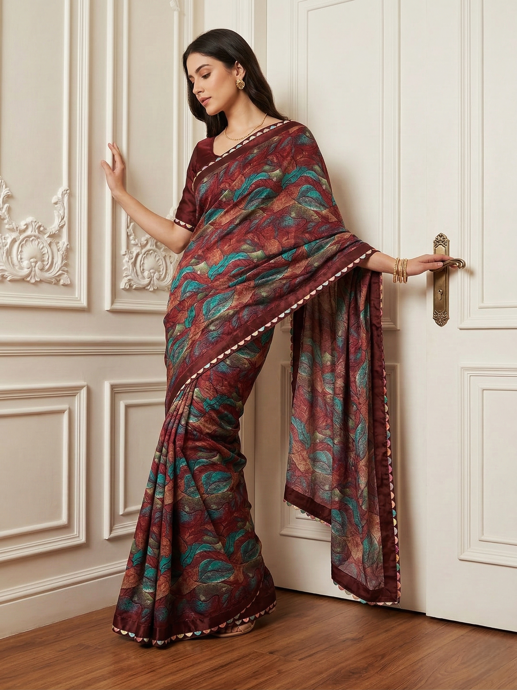 Maroon Teal Fusion Printed Saree