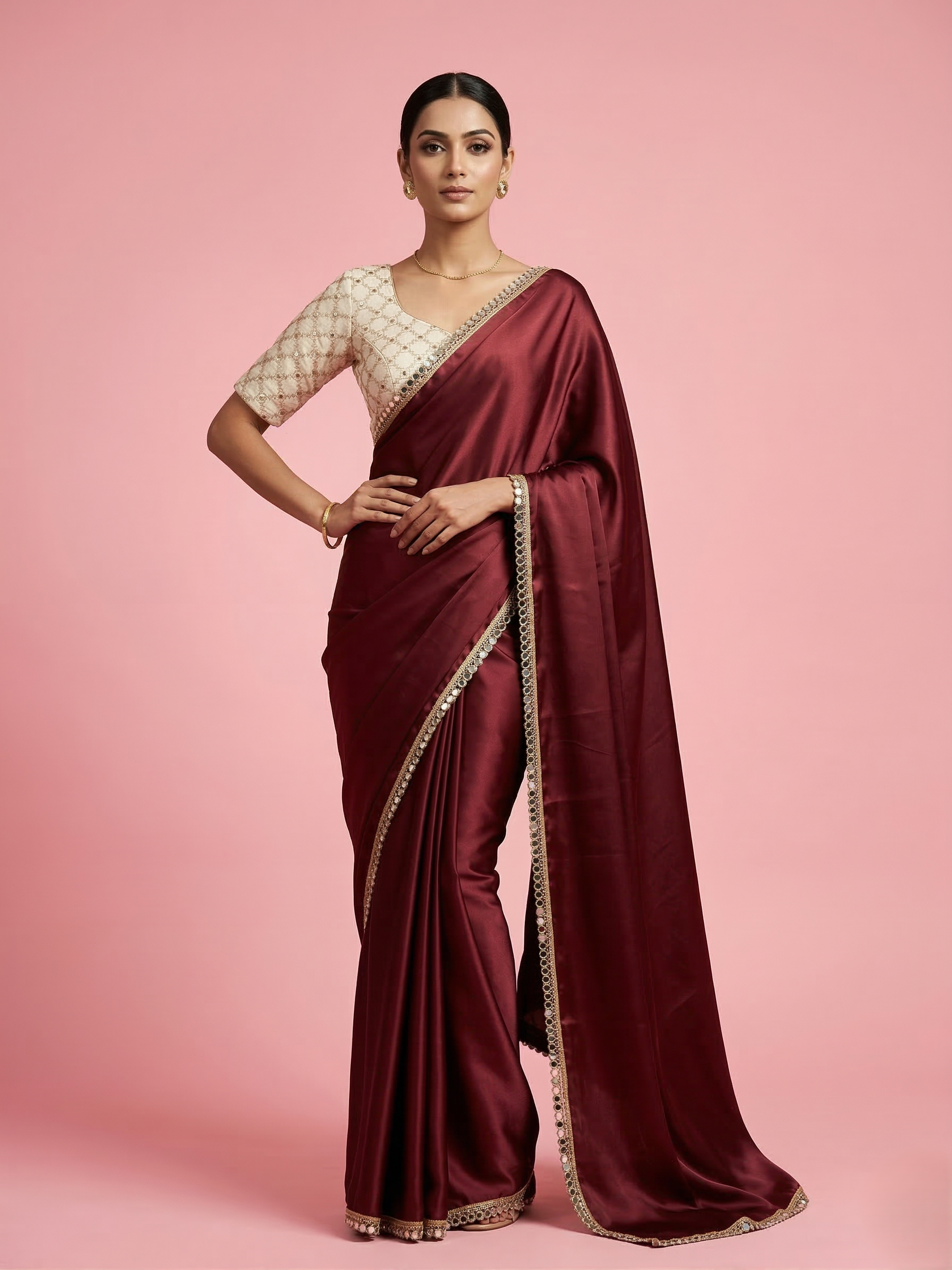 Royal Maroon Satin Elegance Saree