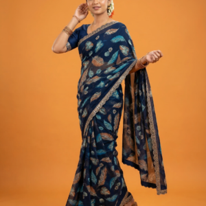 Midnight Blue Floral Elegance Saree