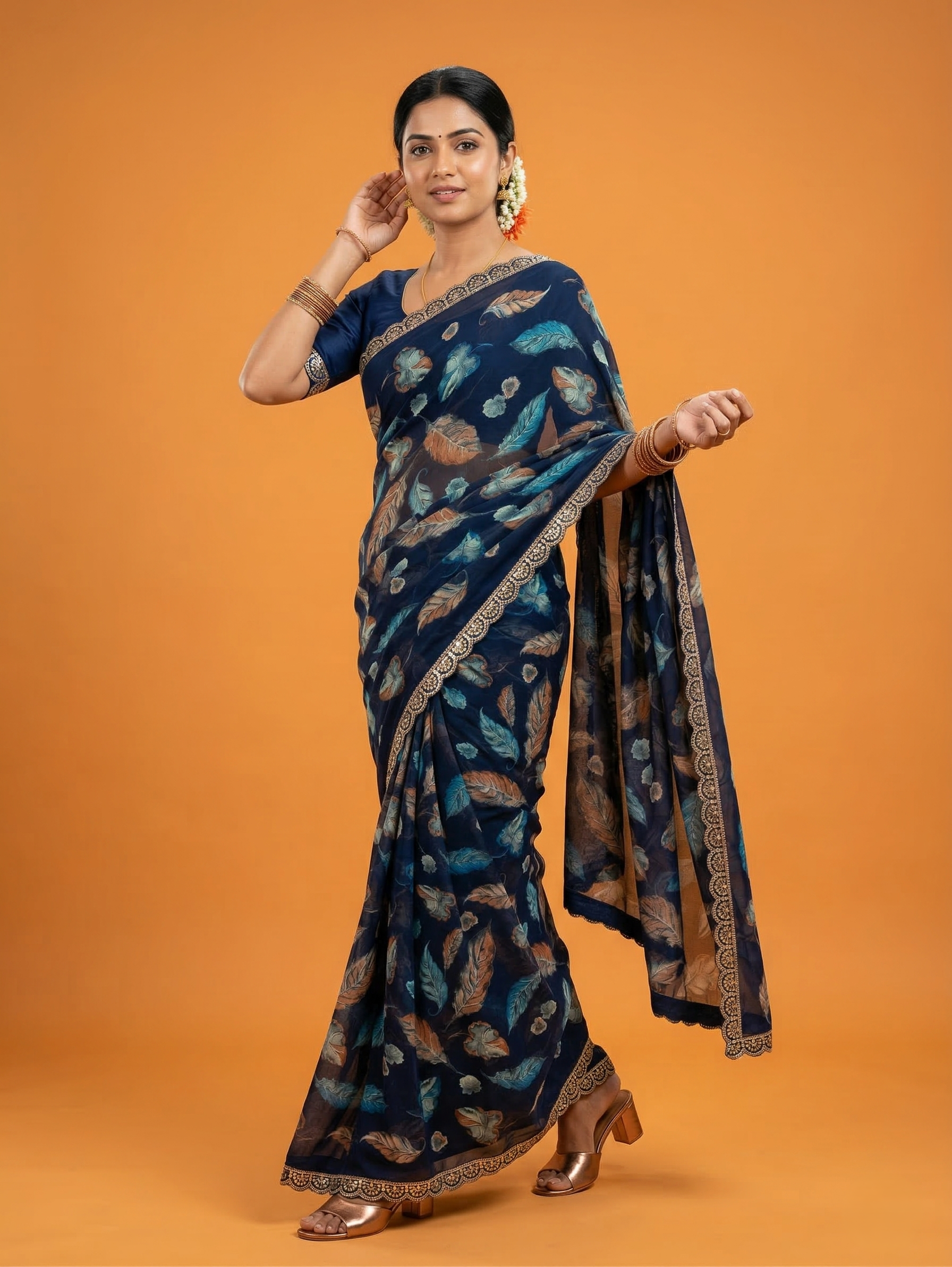 Midnight Blue Floral Elegance Saree