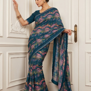 Royal Blue Teal Fusion Printed Saree