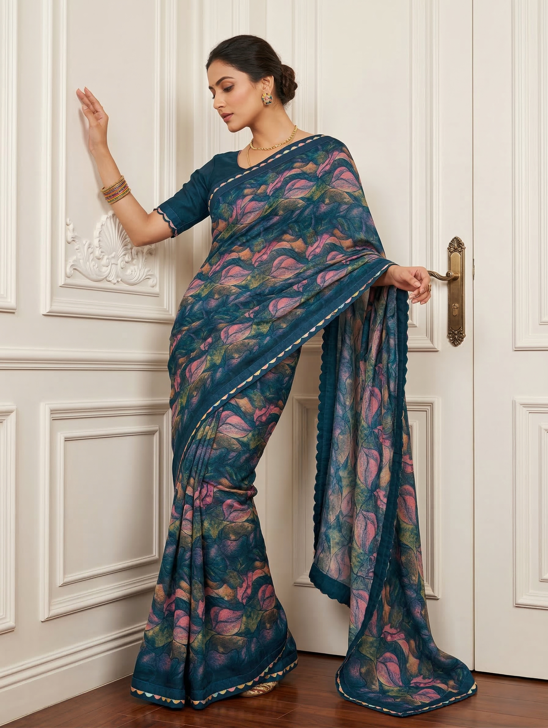 Royal Blue Teal Fusion Printed Saree